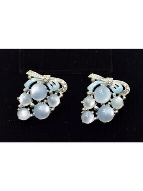 1930's Enamel Rhinestones & Blue Moonglow Cabochons Scarf Fur Clip Signed Duette